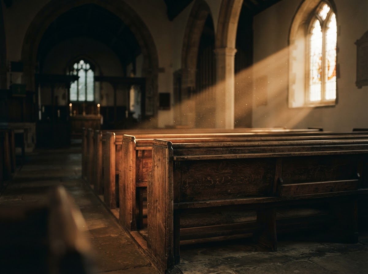 Sunbeams coming in from a window onto a church pew